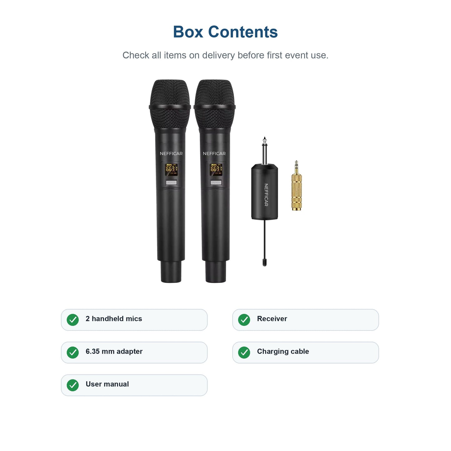 Nefficar U2 box contents with 6.35 mm adapter