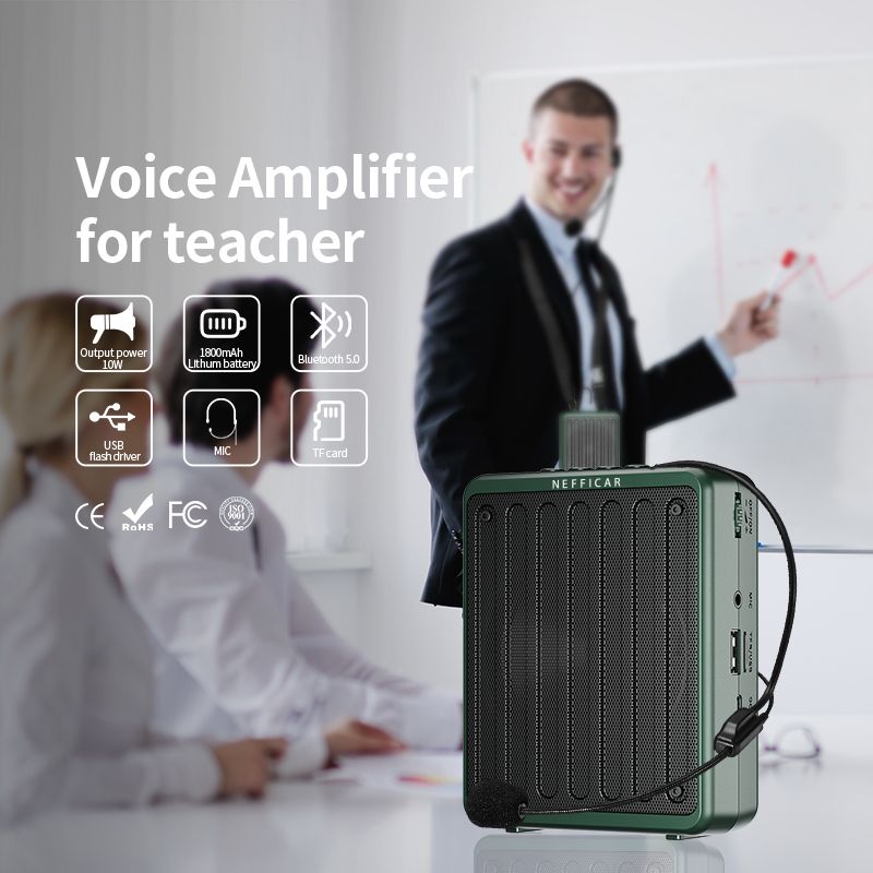 Voice Amplifier for teacher promotional image showing Nefficar N512 amplifier with icons for 10W output, 1200 mAh battery, Bluetooth 5.0, USB, mic, and TF card