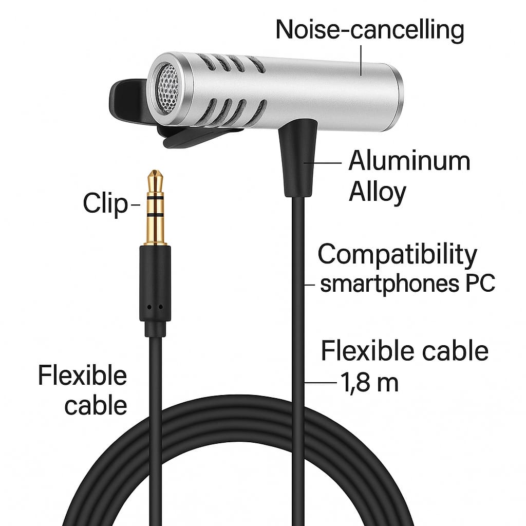 Clip-On Lavalier Microphone – Noise-Cancelling, 360° Pickup, and PC/Smartphone Compatible