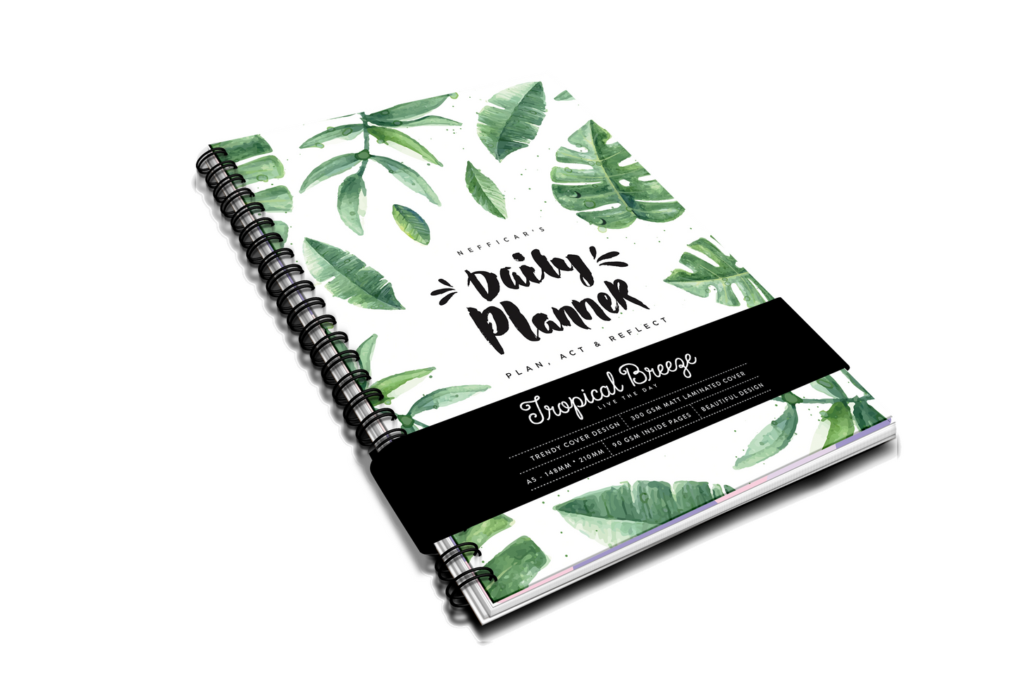 Nefficar Daily Planner - Guided Planning & Reflection - Beautiful Tropical Design - A5 Size