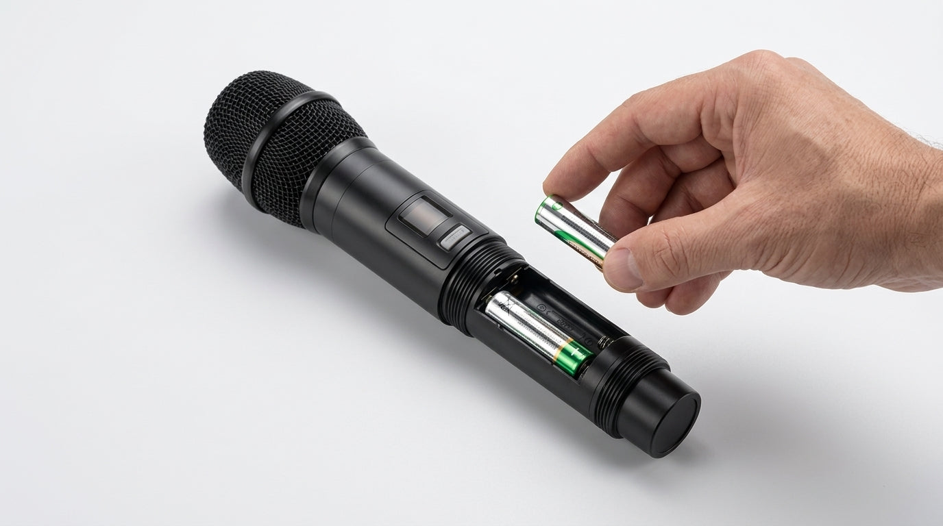 Fresh AA batteries being installed in a U2 microphone