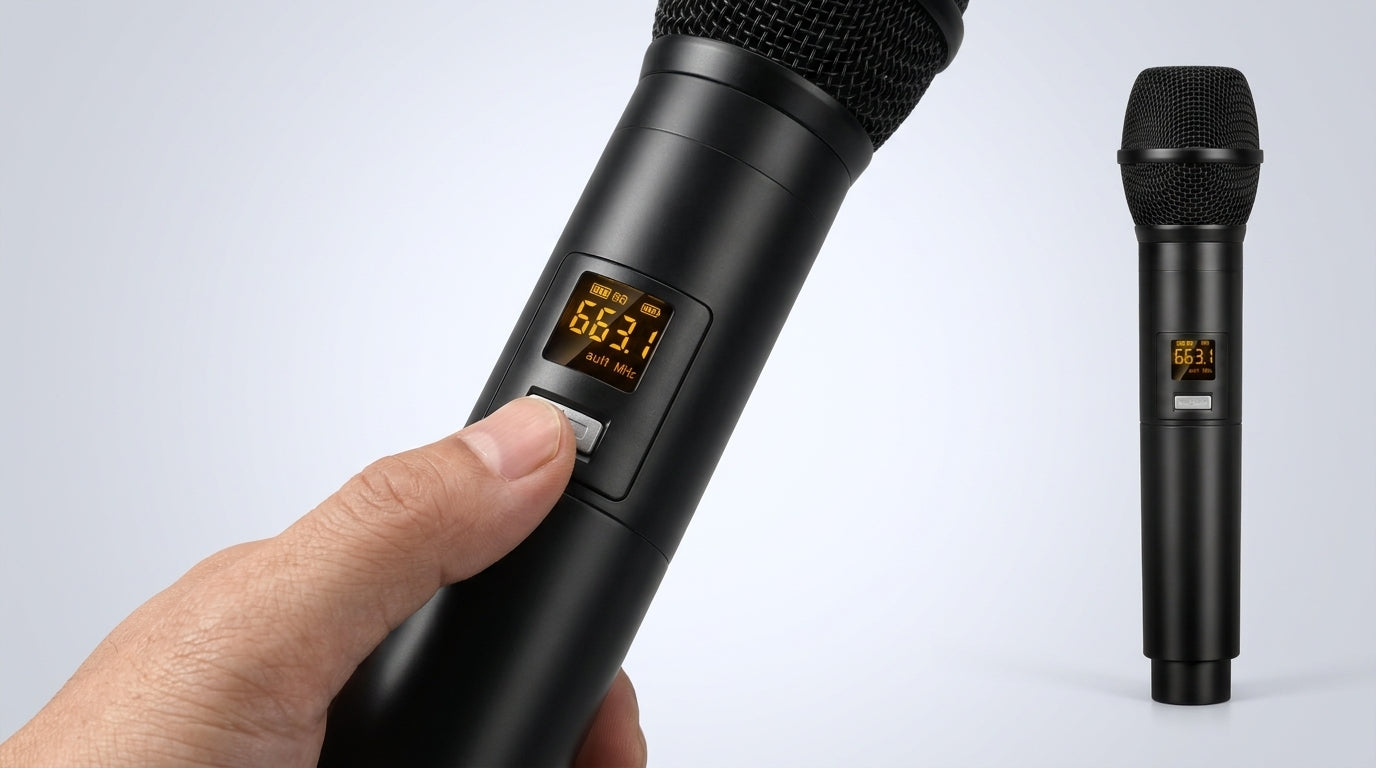 Power button pressed with the U2 microphone display illuminated