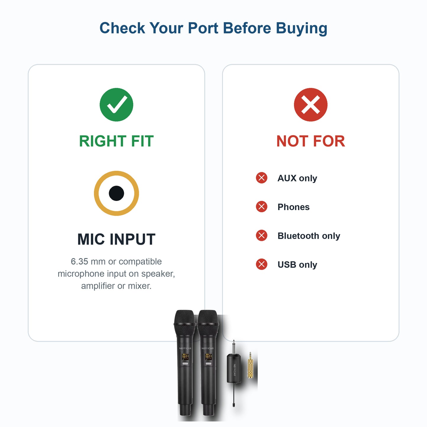Nefficar U2 not for AUX-only phones Bluetooth-only or USB-only ports