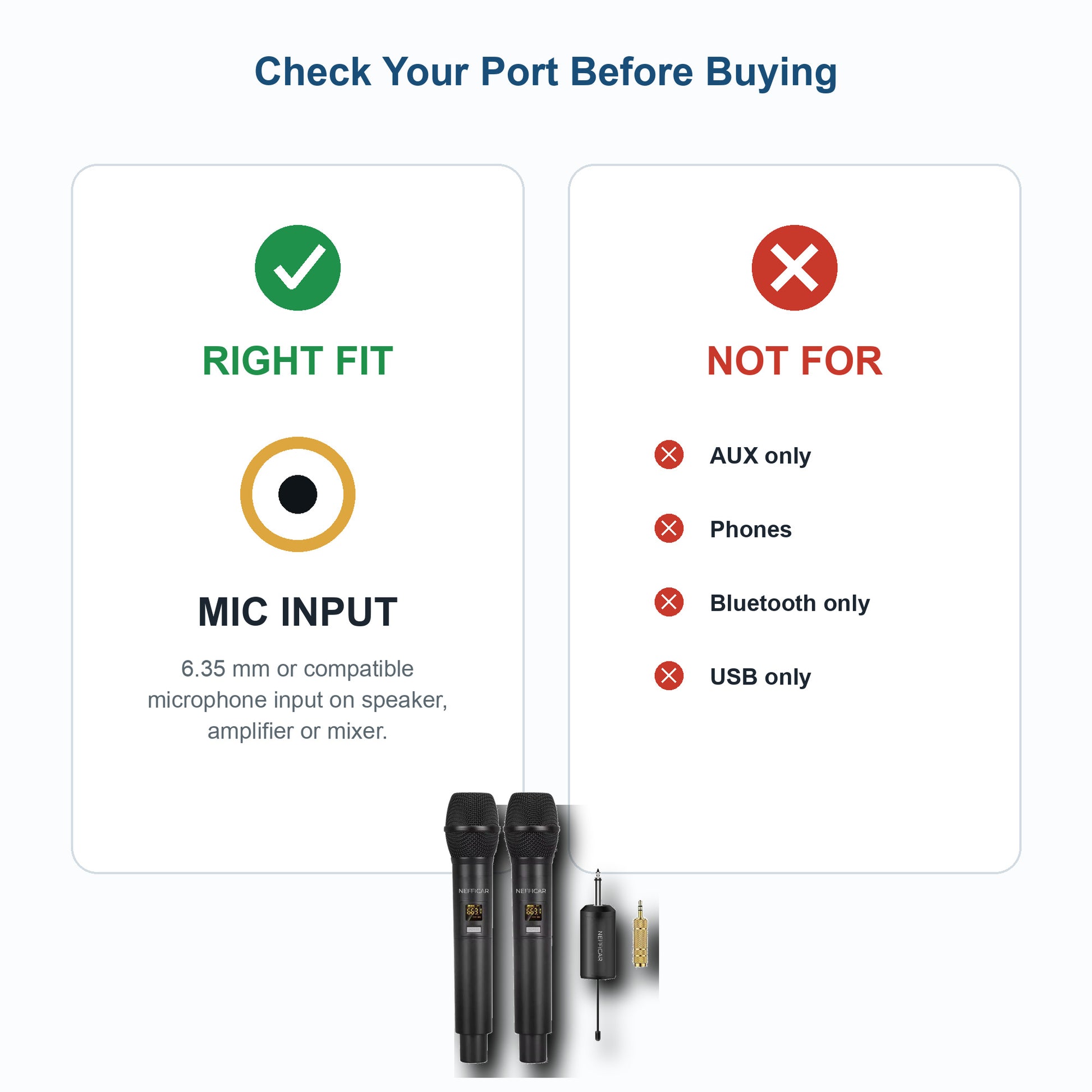 Nefficar U2 not for AUX-only phones Bluetooth-only or USB-only ports