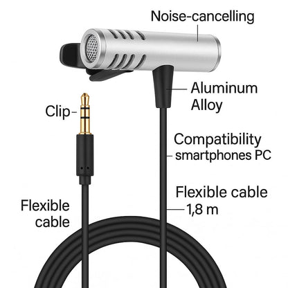 Clip-On Lavalier Microphone – Noise-Cancelling, 360° Pickup, and PC/Smartphone Compatible