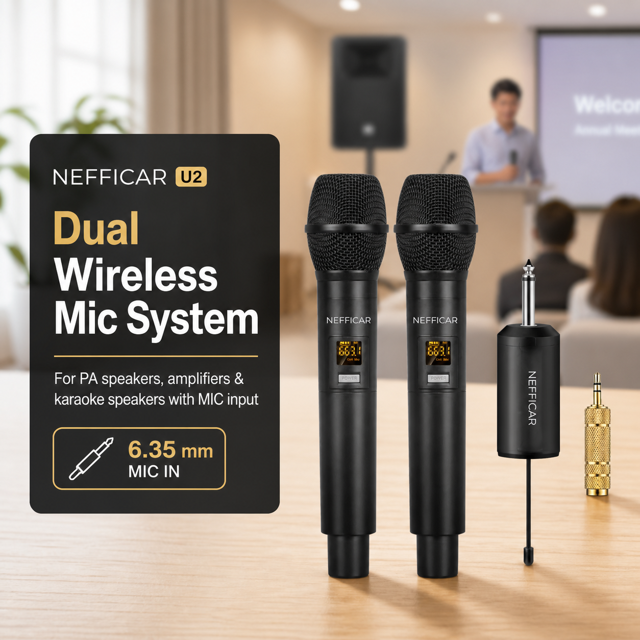 Nefficar U2 dual wireless microphone system for PA speakers and karaoke speakers