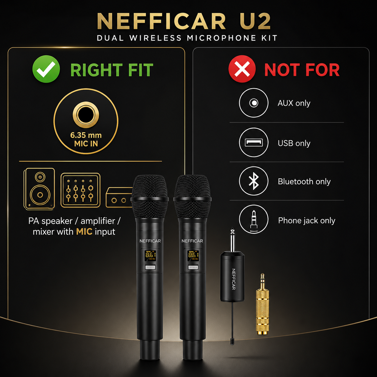 Nefficar U2 compatibility guide not for AUX-only USB-only Bluetooth-only or phone-jack-only use