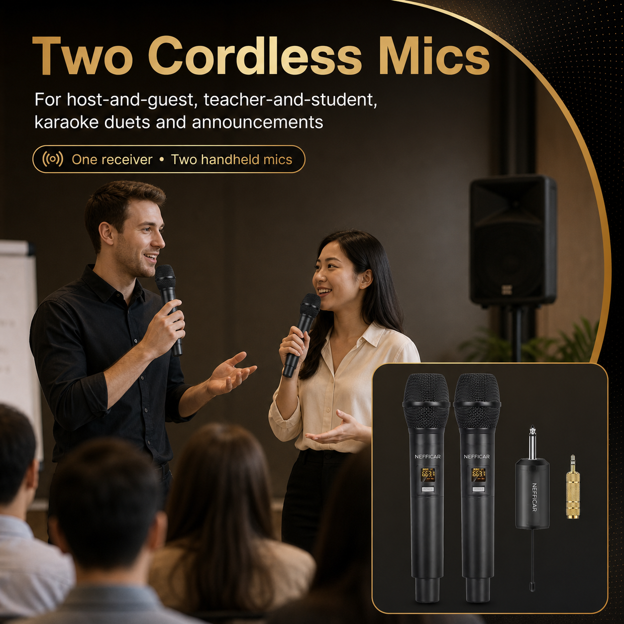 Nefficar U2 two cordless handheld microphones for two speakers host and guest use