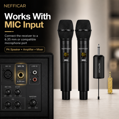 Nefficar U2 works with 6.35 mm microphone input on PA speakers amplifiers and mixers