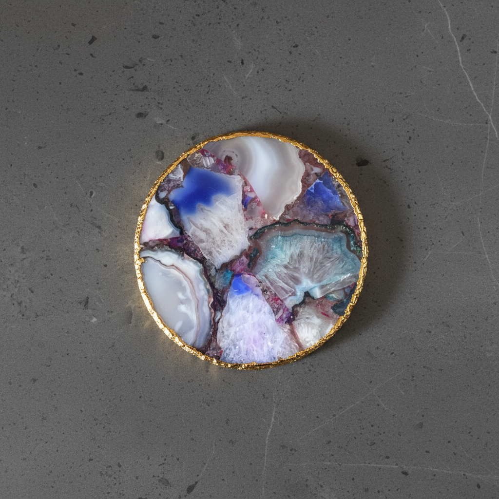 Rainbow Agate Coasters Set of 2 with Gold Edge - Natural Crystal Drink Coasters