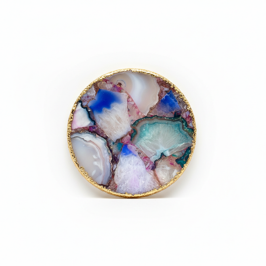 Rainbow Agate Coasters Set of 2 with Gold Edge - Natural Crystal Drink Coasters