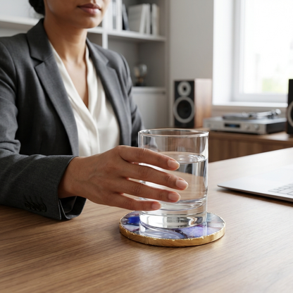 Rainbow Agate Coasters Set of 2 with Gold Edge - Natural Crystal Drink Coasters