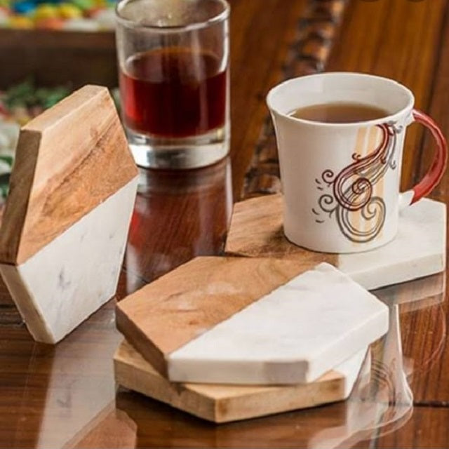 Wood & Marble Tea, Coffee Coasters - Made in India - Nefficar