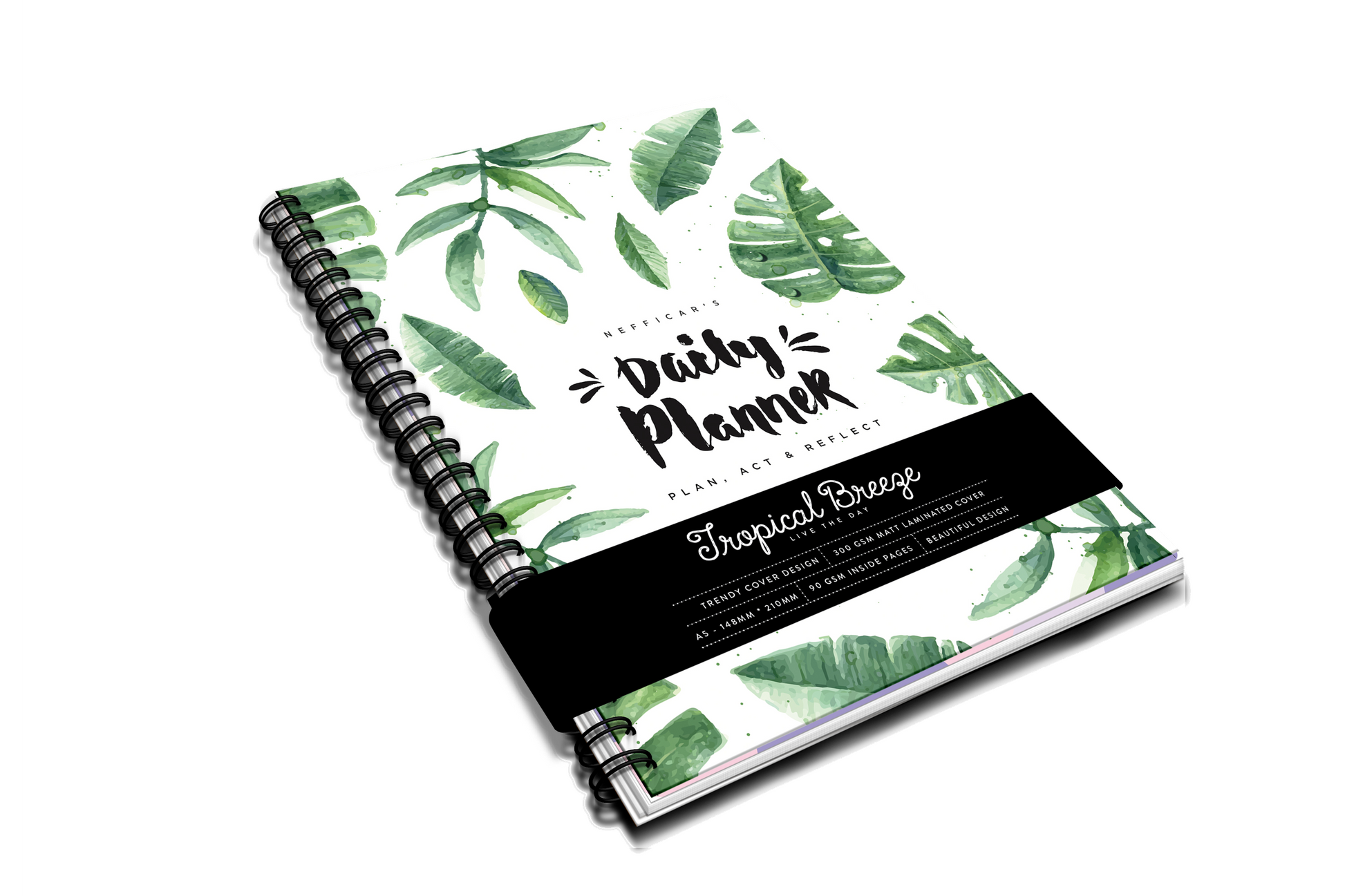 Nefficar Daily Planner - Guided Planning & Reflection - Beautiful Tropical Design - A5 Size - Nefficar