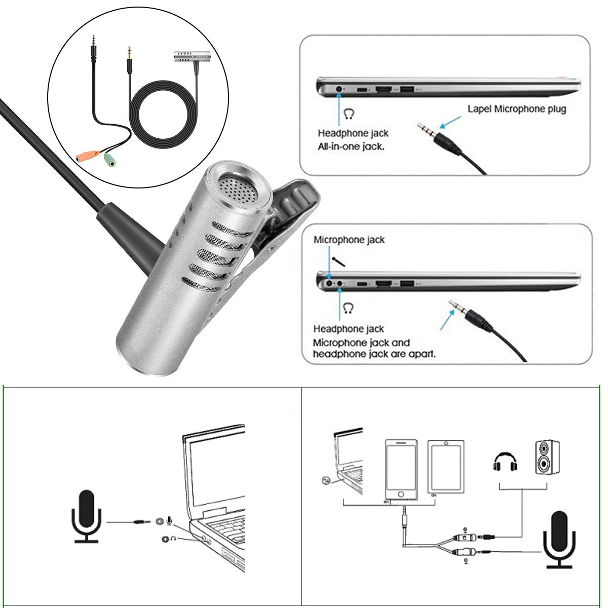 डीएसएलआर के लिए लैवेलियर लैपल माइक्रोफोन - मेटल शेल - 3.5 मिमी जैक - साक्षात्कार रिकॉर्डिंग के लिए कंडेनसर माइक्रोफोन 