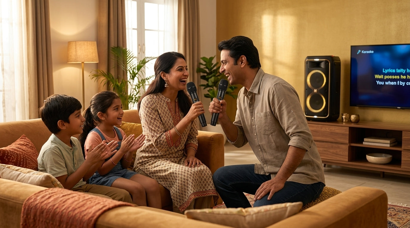 Indian family enjoying home karaoke with two wireless microphones