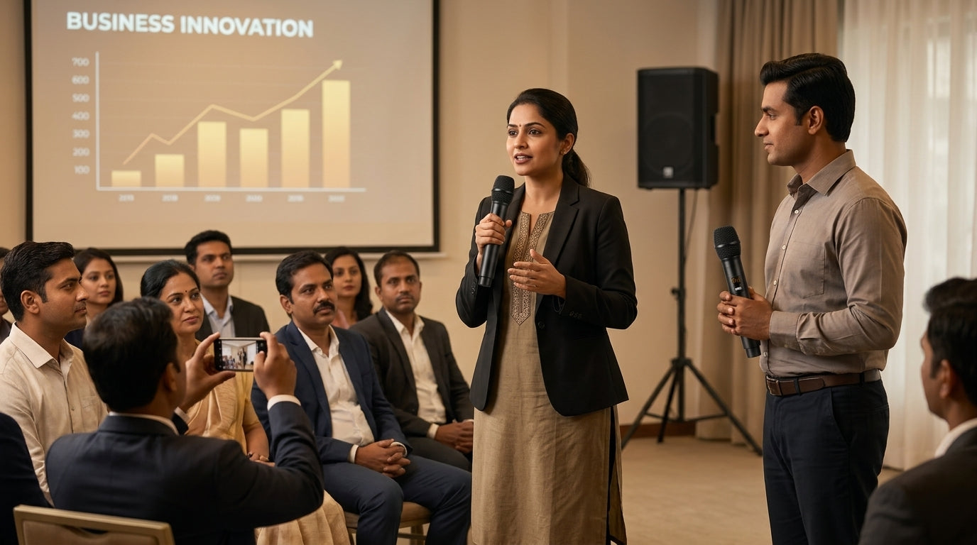 Two presenters using wireless microphones at a business seminar