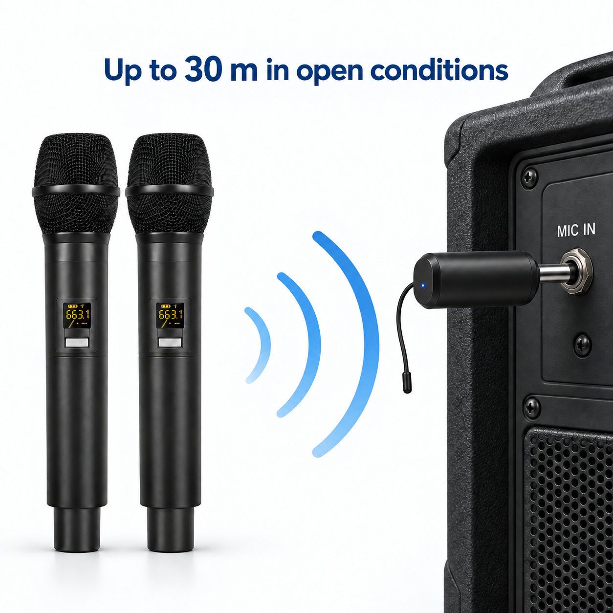 Two U2 microphones communicating wirelessly with the straight receiver and its antenna plugged directly into a PA speaker microphone input